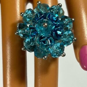 Boutique Blue Crystal‎ Flower Statement Ring - Multi-tonal Adjustable